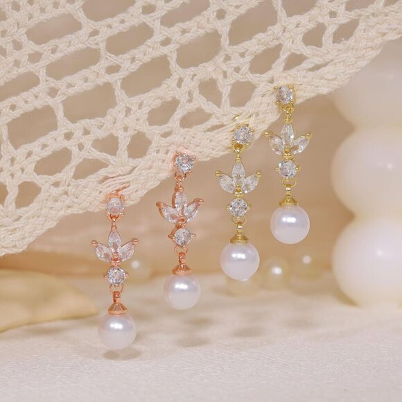 14k Gold Pearl Drop Dangle Earrings for Women, Bridal, Prom & Formal Jewelry - Picture 6 of 6